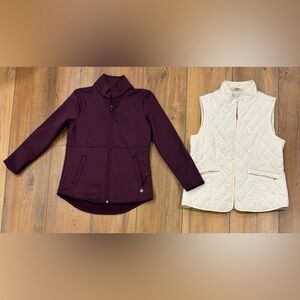 Talbots Eggplant Full Zip Top Quilted White Appleseeds Puffer Vest Small Petite